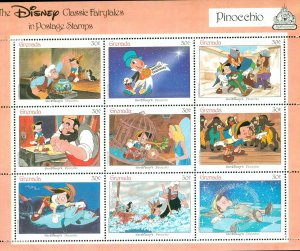 Grenada MNH S/S 1543 Disney's Pinocchio 1987 9 Stamps
