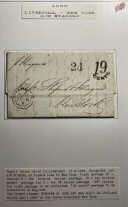 1856 Liverpool England Letter Sheet Cover To New York USA Via SS Niagara Unpaid