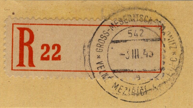 BÖHMEN u. MAHREN 1943  GROSS-MESERITSCH - STUDNITZ  TPO n°542a on R-Zettel