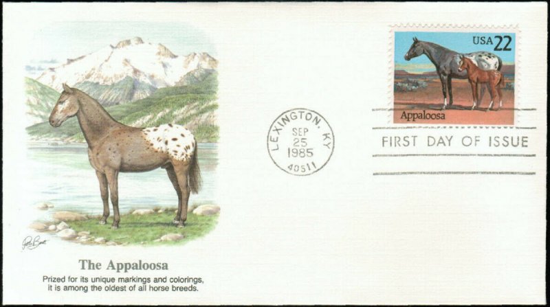 US 1985 Fleetwood Cachet FDC Horses Complete issue of 5,Sc # 2155-2158,2158a,