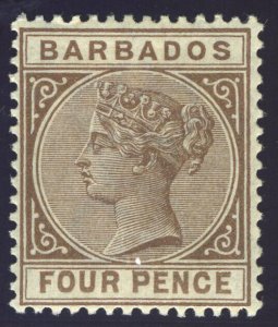 Barbados 1882 QV 4d pale brown MLH. SG 98. Sc 65.