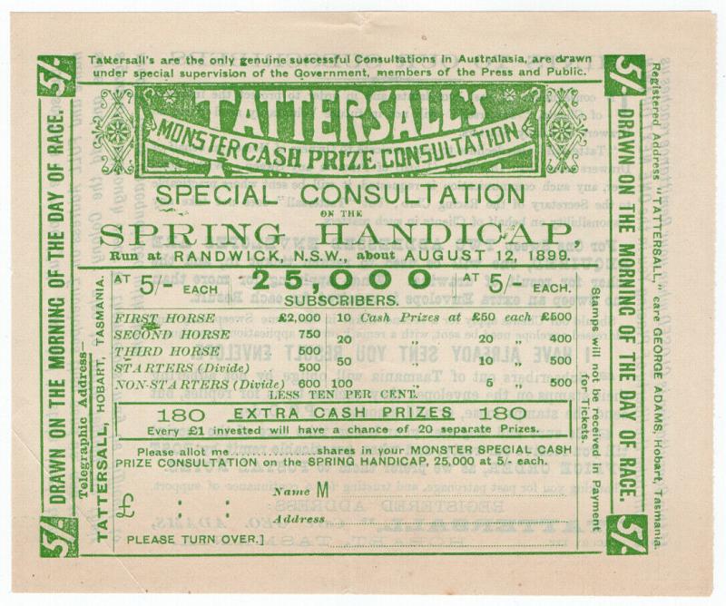 (I.B) Australia Cinderella : Tattersall's Ticket 5/- (Randwick 1899)