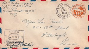 United States A.P.O.'s 6c Monoplane Air Envelope 1943 New York, N.Y. U.S. Arm...