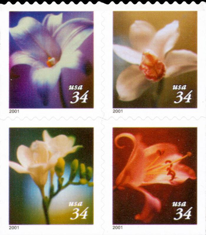 2001 34c Flowers, Booklet Block of 4 Scott 3487-90 Mint F/VF NH