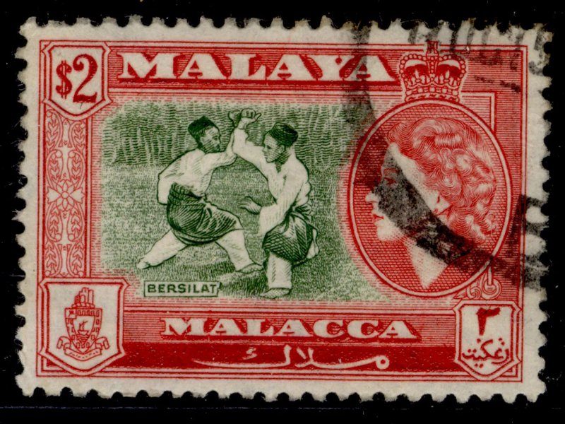 MALAYSIA - Malacca QEII SG48, $2 bronze-green & scarlet, USED. Cat £48.