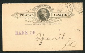 1891 Minneapolis MN to Ipswich SD Postal Card 1c Jefferson First National Bank