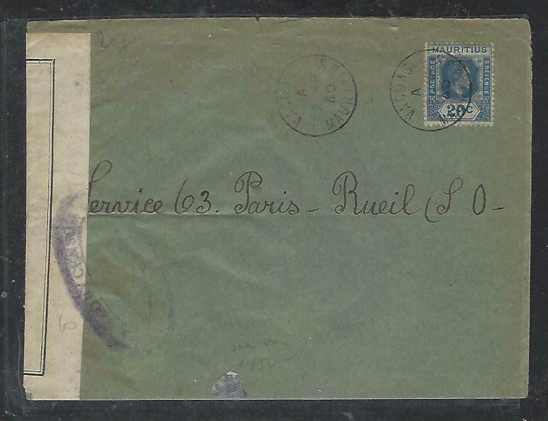 MAURITIUS COVER (P1311B) 1940 KGVI 20C CENSOR IN MAURITIUS TO FRANCE