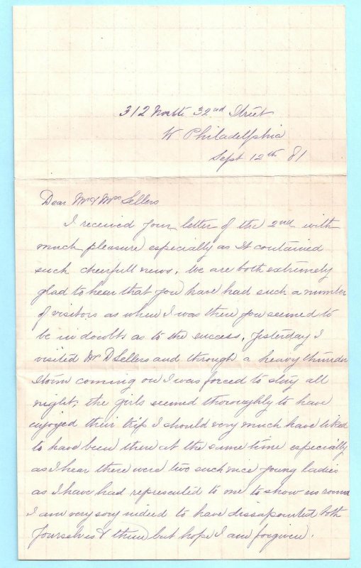 9/12/1881 cover Philadelphia Geo Turner to Sellers Ocean Grove NJ Scott #182+183