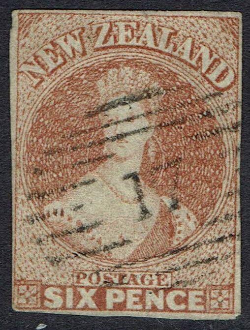 NEW ZEALAND 1857 QV CHALON 6D IMPERF NO WMK WHITE PAPER USED 