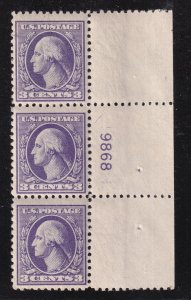 1918 Sc 530 3c purple MHR plate number strip (plate block CV $32) (B2