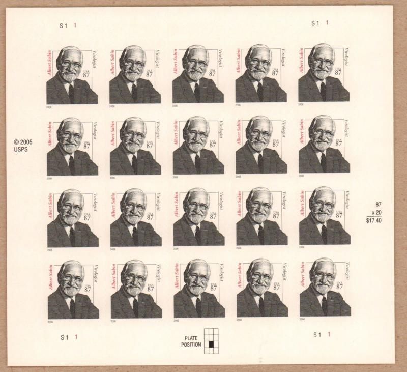 3435   Albert Sabin, Polio.  MNH 87¢ Sheet of 20.  Issued in 2006.