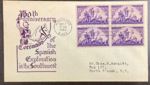 898 Unknown Designer Coronado Expedition 400th Anniversary FDC 1940 w/Block of 4