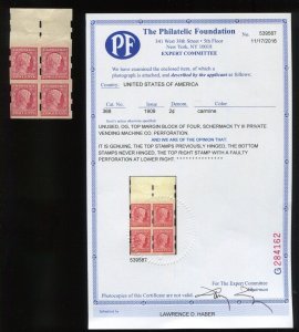 368 Schermack Type 3 Top Margin Block 4 Stamps with PF Cert (BZ1293)