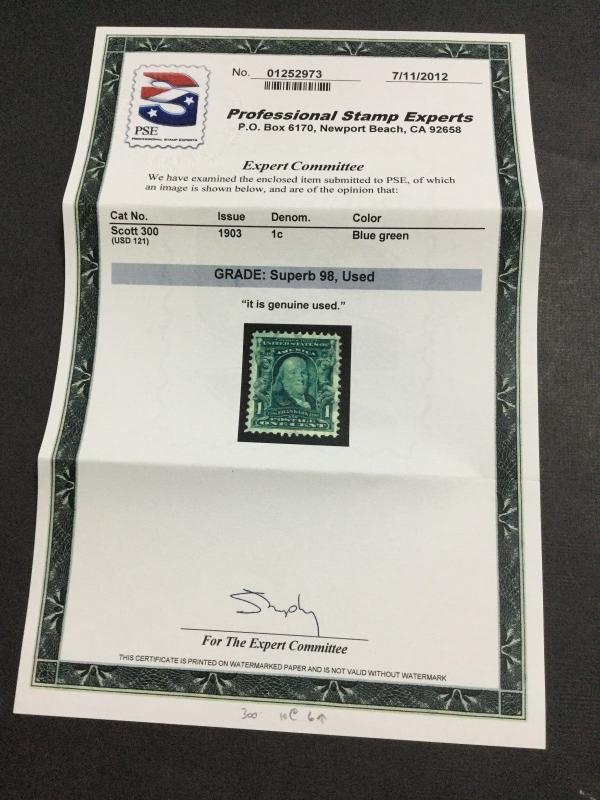 MOMEN: US STAMPS #300 USED PSE GRADED CERT SUP-98