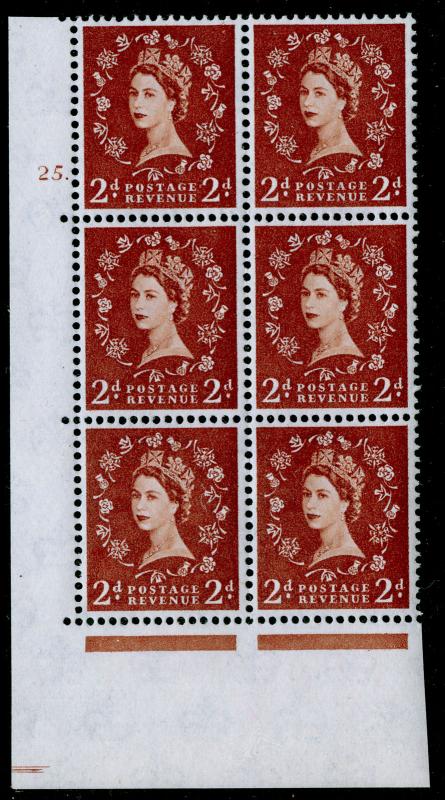 SG573, 2d light red-brown, NH MINT. BLOCK OF 6. CYL 25 DOT.