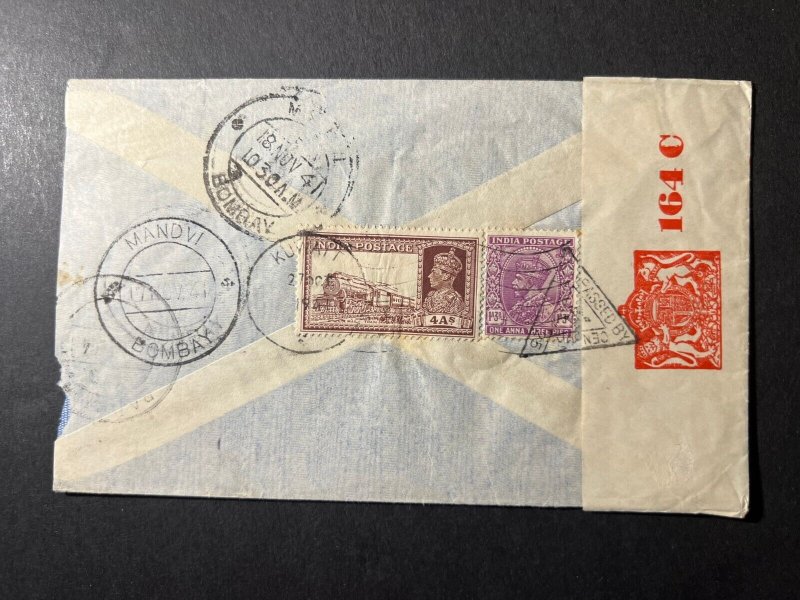 1941 Censored Registered Kuwait Airmail Cover Persian Gulf to Bombay India