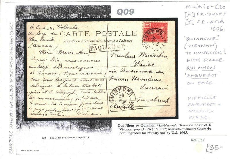French Colonies INDOCHINA Cover *Quinhone* PAQUEBOT Card Austria 1906 Q09