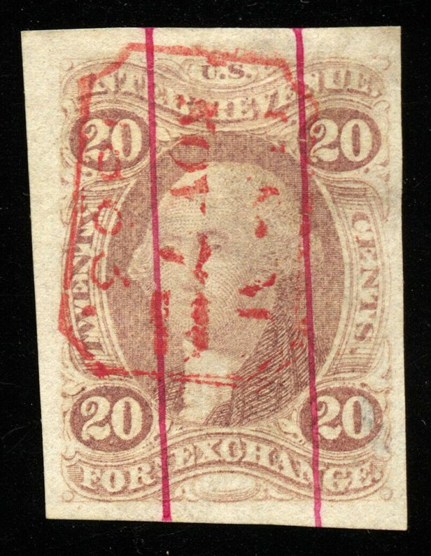 B463 U.S. Revenue Scott R41a 20c Foreign Exchange imperforate, red boxed cancel