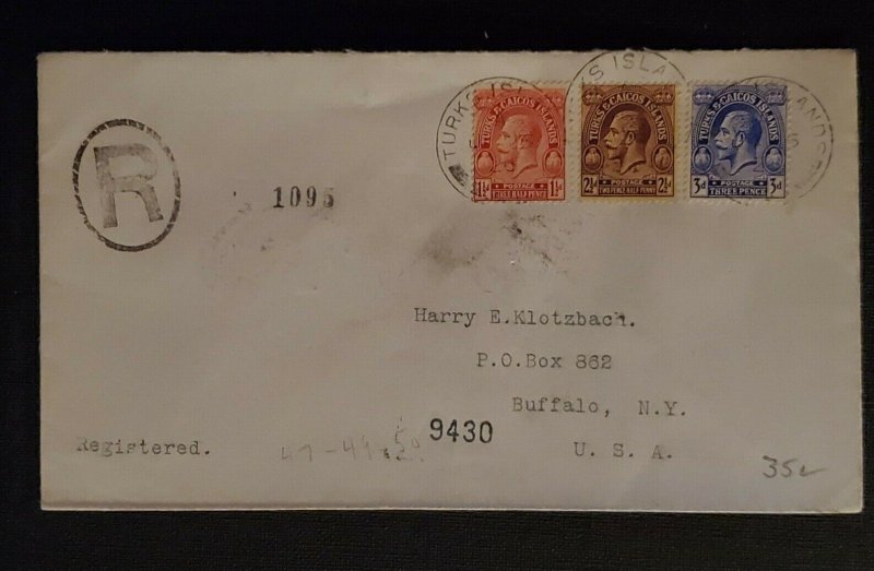 1927 Turks and Caicos Islands Registered to Buffalo NY War Tax Overprint Cover