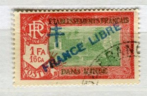 FRENCH COLONIES; INDIA 1940s early FRANCE LIBRE Optd issue used 1Fr 16c