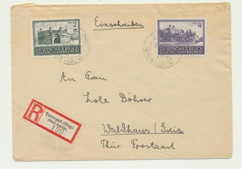 POLAND GERMAN OCC 1943 REG COVER, TERESPOL TO THUR, 2 & 4z RATED(SEE BELOW)