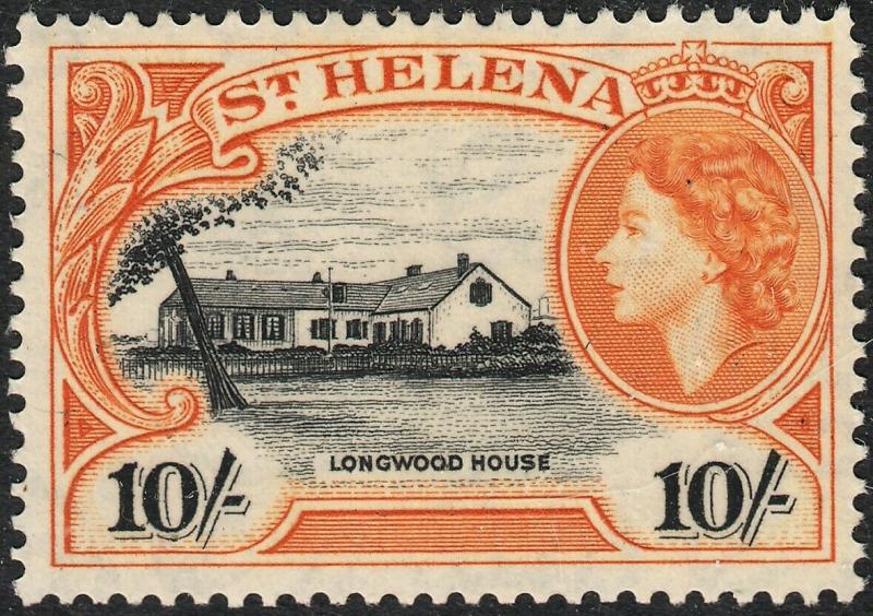 St Helena 1953 QEII 10/- Black and Yellow-Orange MUH