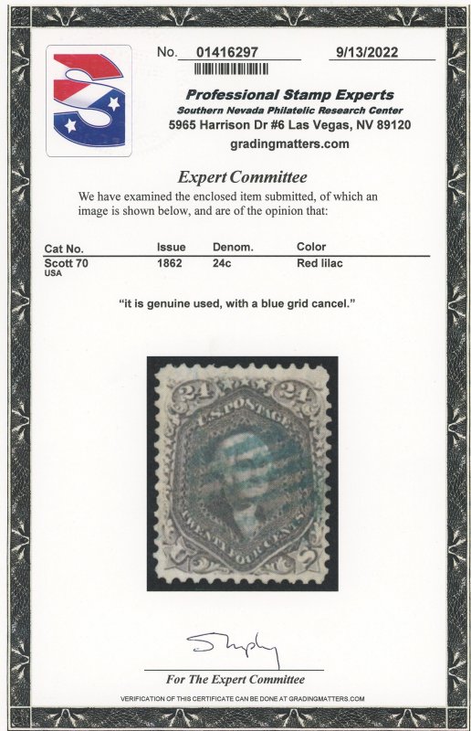 USA 70 - 24 cent Red Lilac with blue grid cancel and PSE Certificate - VF