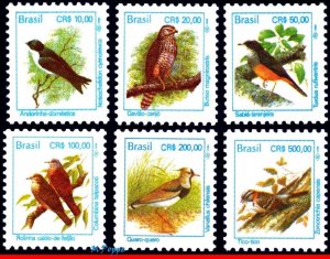 2443-48 BRAZIL 1994 BIRDS, CR$, SCOTT VALUE $3.50, MI# 2569-83 RHM 700-05, MNH
