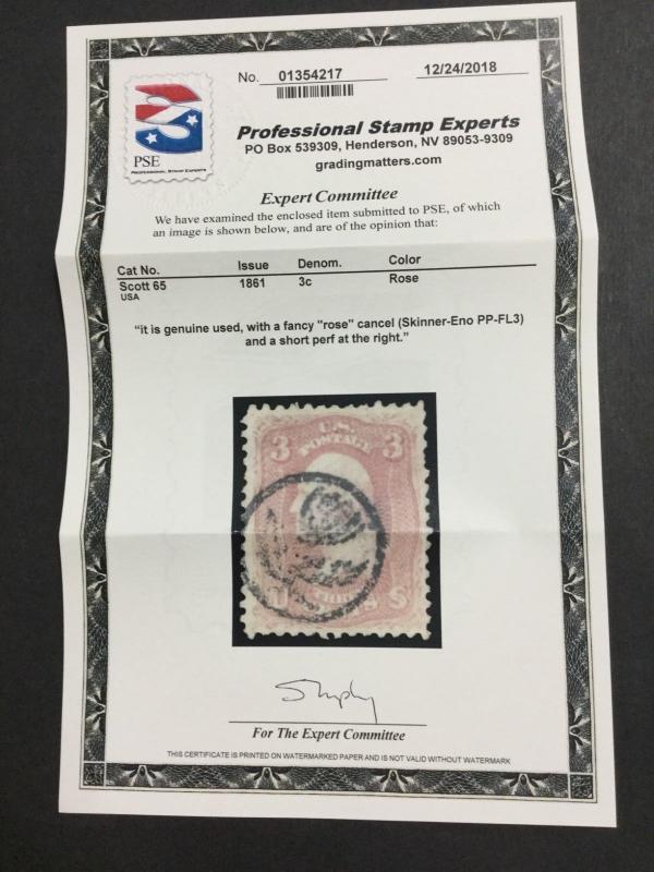 MOMEN: US STAMPS #65 USED FANCY ROSE SKINNER-ENO PP-FL3 PSE CERT