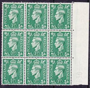 GB GVI 1½d green block of 9 MNH - large Doctor blade marking in margin......3314