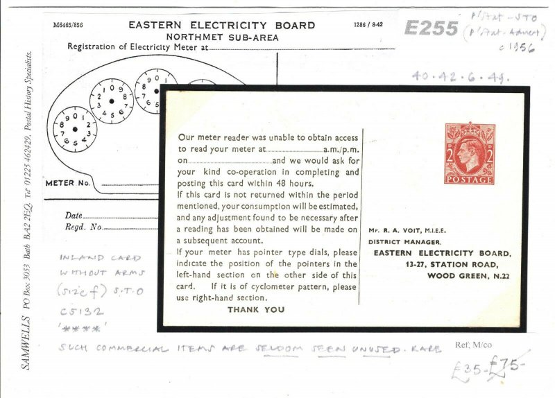 GB Cover Eastern Electricity Board STO Postal Stationery Reply Card c1956 E255