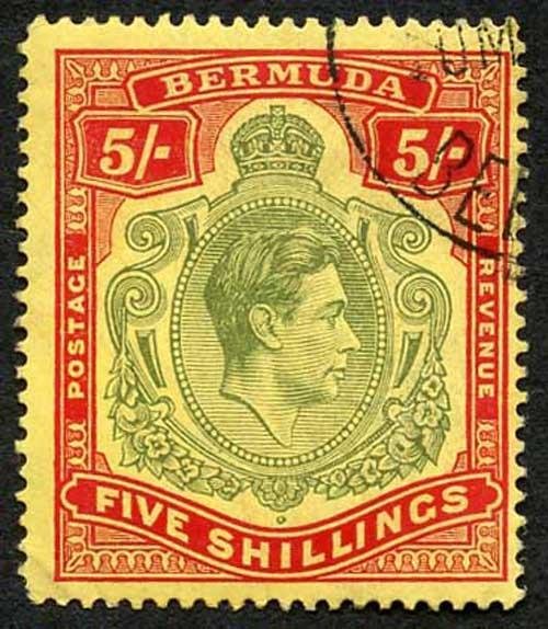 Bermuda SG118b KGVI 5/- Pale Green and Red/yellow Line Perf 14.25 (Ref 105) 