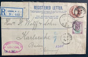 1909 London England Postal Stationery Registered Cover To Karlsruhe Germany