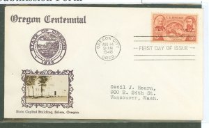 US 904 1948 3ct Oregon Centennial of statehood (single) on an addressed (typed) first day cover with a Cosby thermographic cance