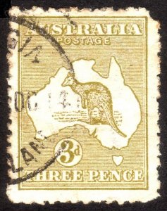 1915 Australia, 3 p, Used, Kangaroo and Map, Sc 47a, Sg 37c