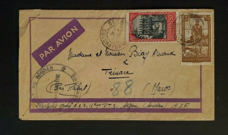 1943 Segou French Sudan to Temara Morocco Sudan Regiment Cachet Airmail Cover