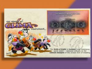 Puffins Struggle to Win The Girdle of Grettir on Handcolored FDC from Iceland