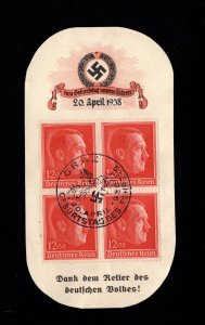 Germany Hitler Block Birthday Stamp Memory Souvenir 1938 Graz Cancel H9