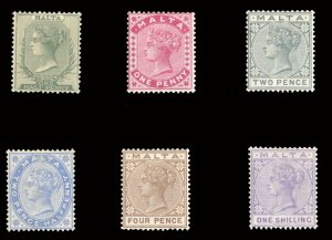 Malta 8-13, $166, 1885 Victoria, set of six, hinged, 1sh with toned perf.