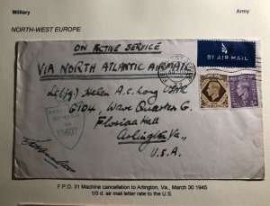 1945 British Field post 31 Airmail Censored OAS Cover To Arlington VA USA