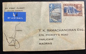 1936 Colombo Ceylon First Flight Airmail cover FFC To Madras India 