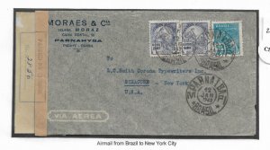 Parnahyba, Brazil to Syracuse, NY 1942 San Juan, PR censor tape (C5157)