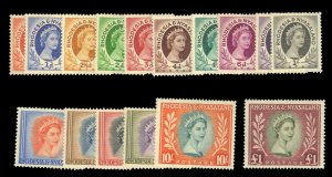 Rhodesia and Nyasaland #141-155 Cat$114.25, 1954-56 QEII, complete set, hinged