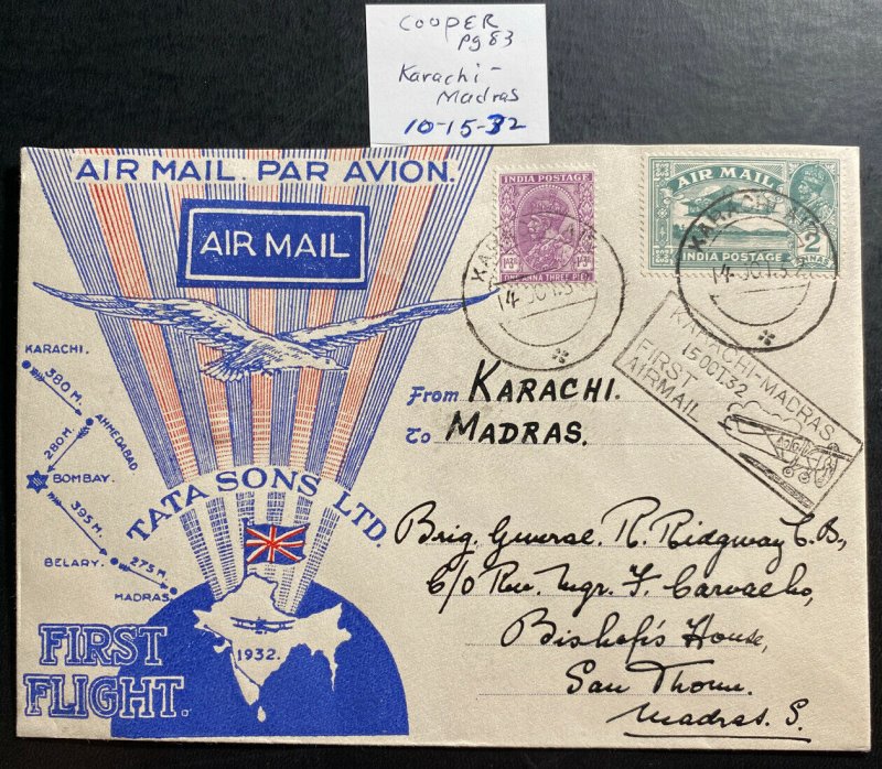 1932 Karachi India First Flight Airmail cover FFC To Madras Tata Airways