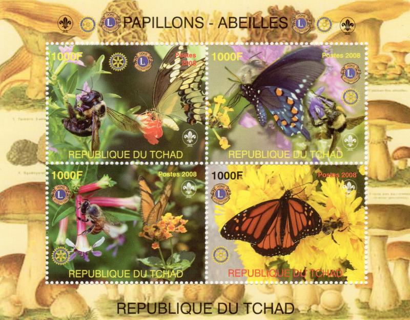 Chad 2008 Butterflies and Bees Rotary/Lions/Mushrooms  Shlt (4) Perforated MNH