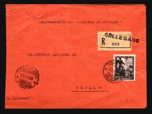 Italy 1938 Collesano Registered Cover w/ Better Issue - Z16473
