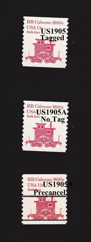 Singles 11c Caboose US #1905, #1905a Bulk Rate, #1905a Precancel Lot (3) MNH