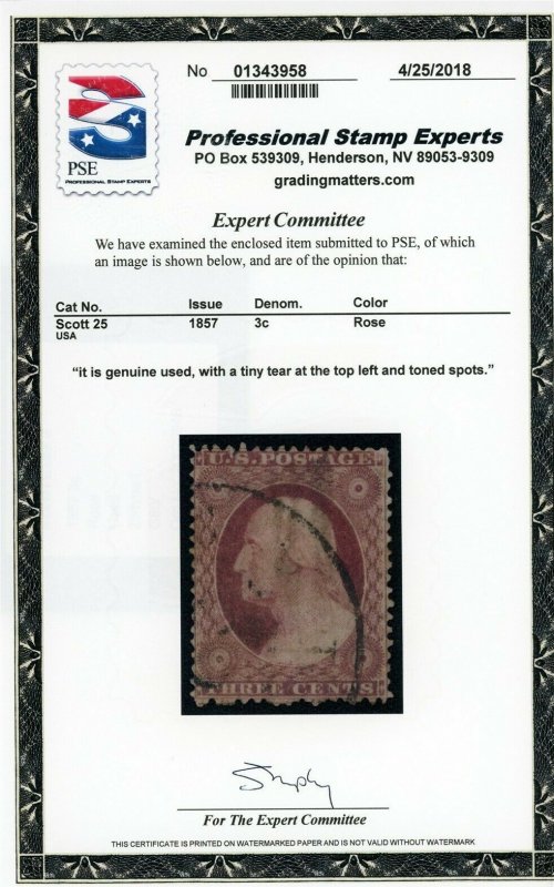 US Stamp #25 Washington 3c, PSE Cert - Used