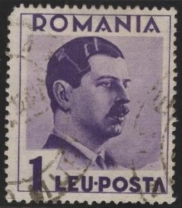 Romania 448 (used, pulled corner) 1L King Carol II, purple (1935)