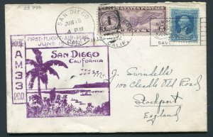1932 First Flight Cover - San Diego, California to Stockport, England